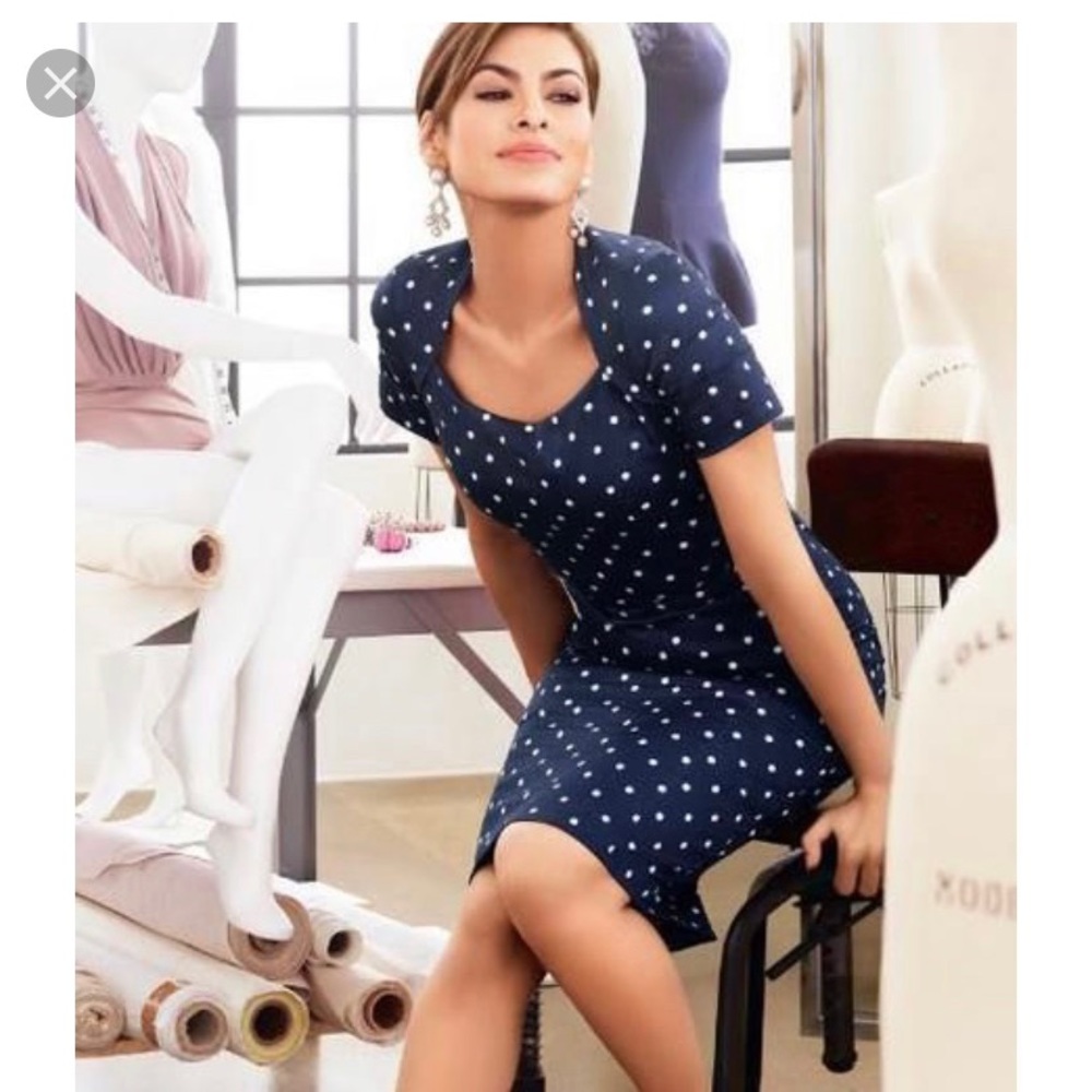 Navy Blue Polka Dot Dress With Thin Belt